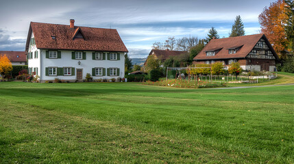 Two Traditional European Houses in a Lush Green Field