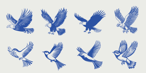 Obraz premium Blue illustrated birds flying, isolated element set vector