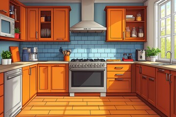 Modern Kitchen Interior with Orange Cabinets, Blue Tiles, and Stainless Steel Appliances - Cozy and Bright Cooking Space and Home Decor Ideas