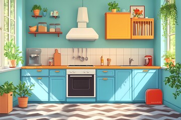 Modern Kitchen Interior Design: Vibrant and Cozy Urban Space with Colorful Decor and Natural Light