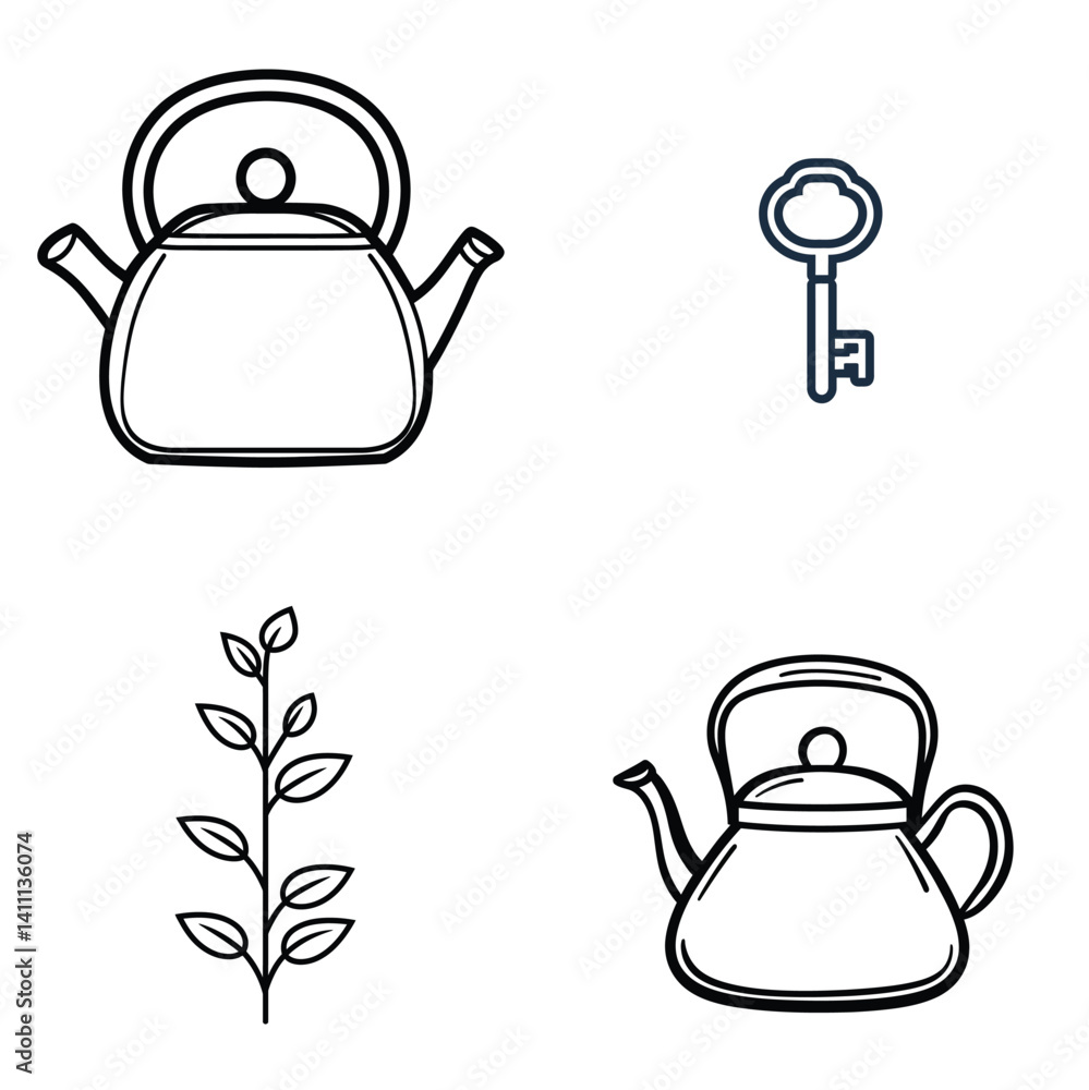 Poster Teapots and Key with Branch Icons in Outlined Style on Transparent Background
