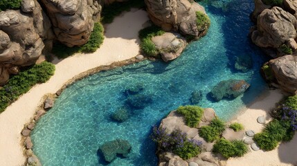 A serene oasis features a crystal-clear turquoise stream winding through lush vegetation and rocky terrain creating a peaceful natural landscape.