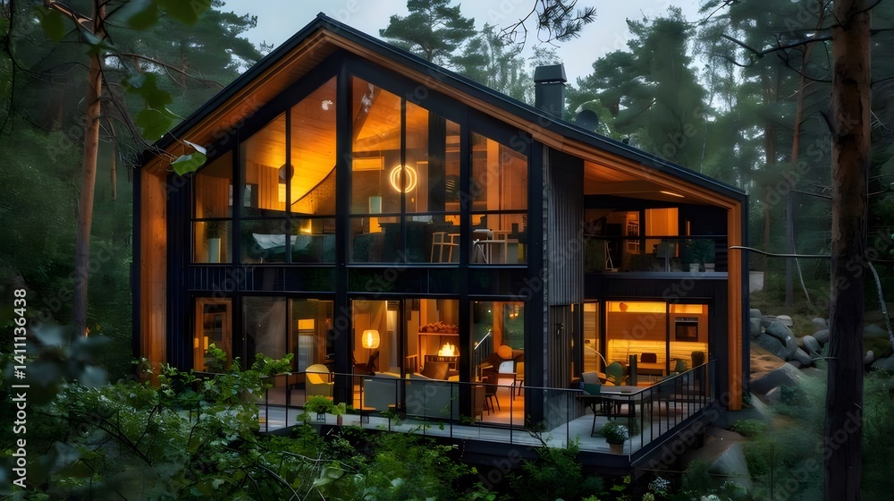Aufkleber モダンデザインの木の家 深い森の夜景 大きな窓から見える温かい光 屋内照明と自然のコントラスト