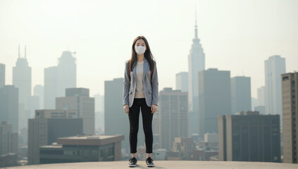 Confident woman standing on rooftop, modern city skyline in background, casual outfit, inspiring urban lifestyle theme. Isolated on white background or PNG