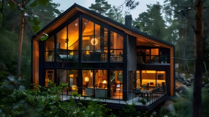 モダンデザインの木の家 深い森の夜景 大きな窓から見える温かい光 屋内照明と自然のコントラスト