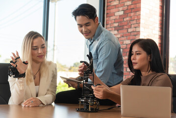 Group team work programer and engineer working AI robot arm system.