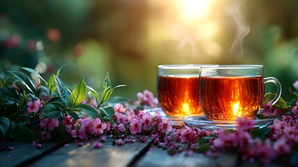 Fototapeta premium Two Cups of Steaming Tea Resting Amidst Blooming Pink Flowers Outdoors