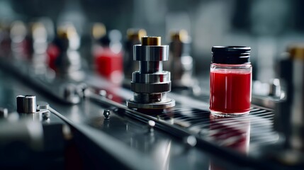 A close-up shot reveals a red liquid sample bottle moving along a modern automated industrial production line conveyor belt system.