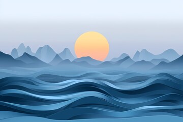 Serene Sunset Seascape: Abstract Ocean Waves and Silky Horizon Illustration