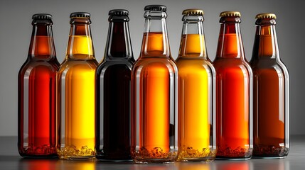 Eight diverse beer bottles in various colors and styles are arranged neatly on a reflective surface against a neutral gray background.