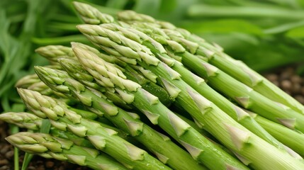 Fototapeta premium Fresh green asparagus harvest, garden setting, close-up, healthy food