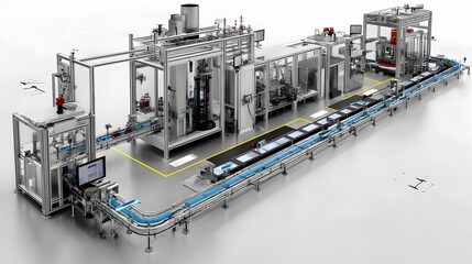 Fototapeta premium A detailed 3D rende showcases a complex automated industrial production line featu conveyor belts and robotic machinery for efficient