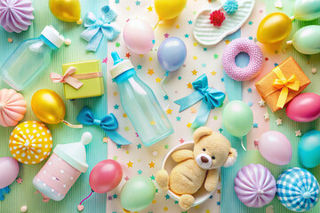 Baby welcome party flat lay with pastel background diaper bottle pacifier toys balloons and gifts