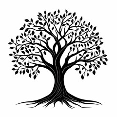 Fototapeta premium Black Silhouette Tree Illustration: Botanical Art with Leafy Branches and Roots for Eco-Friendly Decor