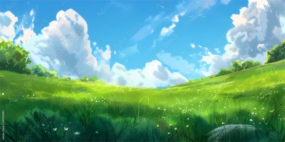 Aufkleber 青空と緑の草地 広がる丘と白い雲 夏の太陽が照らす爽やかな風景