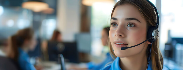 Close-up of a young woman, a call center worker wearing a headset, at work. In the blurred background, a team is working on computers and having a meeting near a window, all wearing blue shirts