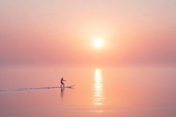 Fototapeta premium Lone surfer paddling out into ocean silhouetted against soft pink orange hue of sunrise sun low horizon casting gentle glow water surface silhouette of surfer their board creates dynamic adventurous