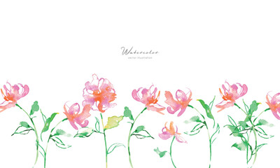  水彩画。水彩タッチのベクターピンクの花イラスト。草木のベクターイラスト。花の切り取りセット。Watercolor painting. Vector pink flower illustration with watercolor touch. Vector illustration of plants and trees. Flower cutout set.