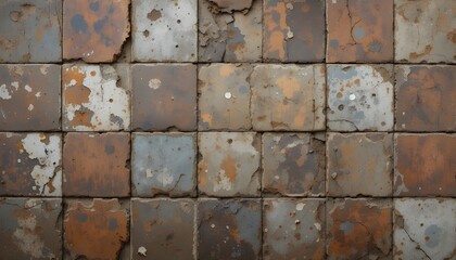 Old Brown and Gray Rusty Vintage Patchwork Motif Tiles on Worn Shabby Cement Wall Texture Background