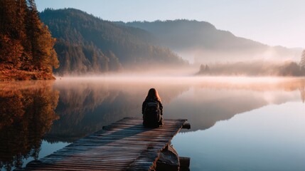 Contemplative woman by tranquil lake morning light nature scene serene environment reflective viewpoint