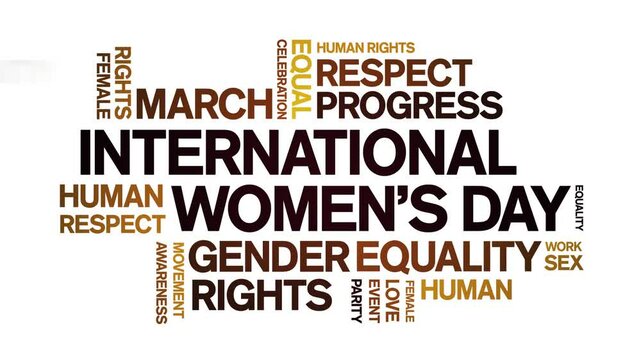 international Women's Day animated word cloud;text design animation tag kinetic typography seamless loop.