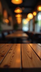 Empty wooden table top with blurred light gold bokeh in a cafe restaurant against dark background, dark, atmosphere