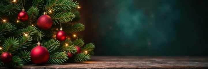 Festive Christmas decorations against a dark green fir branch background in a rustic cabin interior, Seasonal, Rustic, Winter