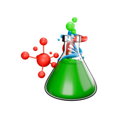 Red molecules floating around green beaker cartoon style.