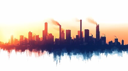 Obraz premium Urban Cityscape Silhouette at Sunset: Capturing Eco-Friendly Metropolis Amidst Industry and Pollution