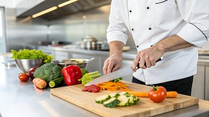 A chef in a white uniform slicing fresh vegetables in a professional kitchen