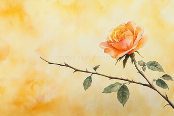 Soft, orange rose with delicate thorns against a muted backdrop.