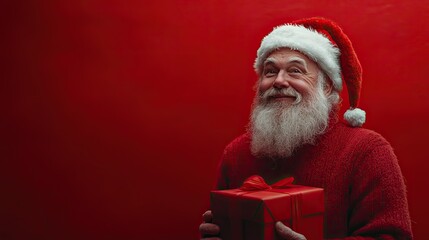 Naklejka premium Santa Claus in a red sweater and hat holds a gift box in front of a red background.