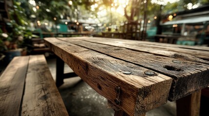 Fototapeta premium empty wooden table wood terrace floor stage and blurred green outdoor park view with sunlight background with blank space ai generative,stock image