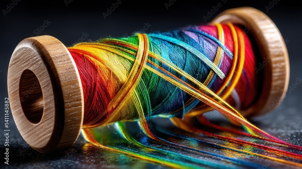 Aufkleber spool of yarn in artisan weaving setup surrounded by colorful threads and tools for creative textile