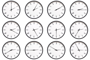 A set of 12 wall clocks with black frames and Roman numerals, each displaying a different time from...