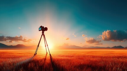 Naklejka premium A serene landscape painter standing in a field with easel and canvas capturing the beauty of nature in their art