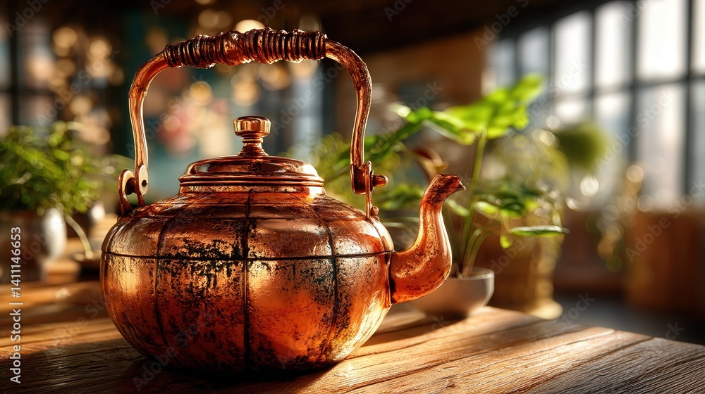 Poster elegant burnished metal teapot resting on a table reflecting light in beautiful patterns creating a 