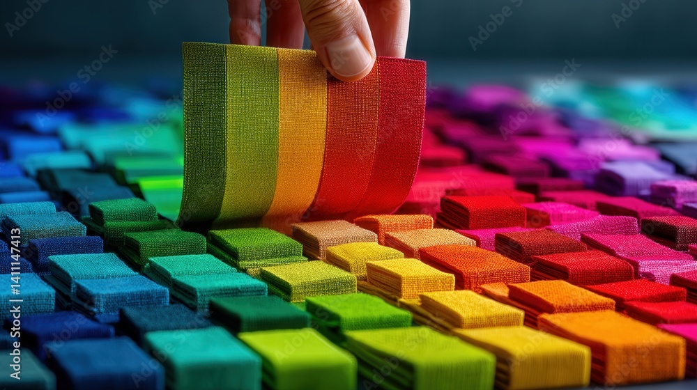 Poster close-up of a person placing a rainbow colored piece of paper on a surface to create an artistic col