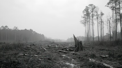 Deforested landscape with tree stumps and remaining trees under fog