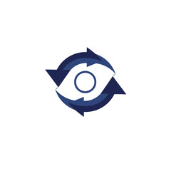 Fototapeta premium Blue arrows rotating around a central circle, a symbol of process, cycle and refresh