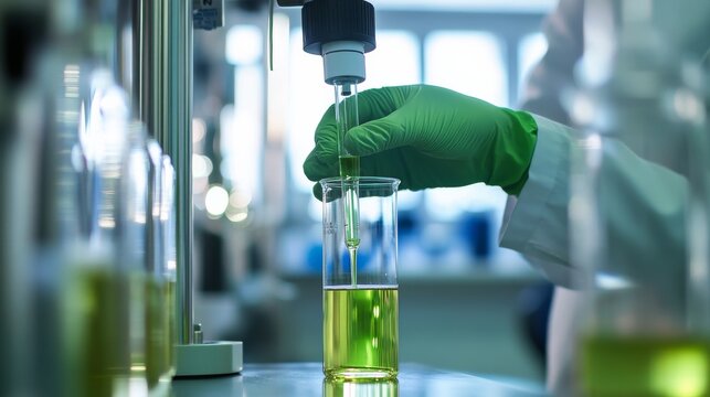A biofuel technician testing ethanol samples in a renewable energy lab. Featuring sustainability and innovation