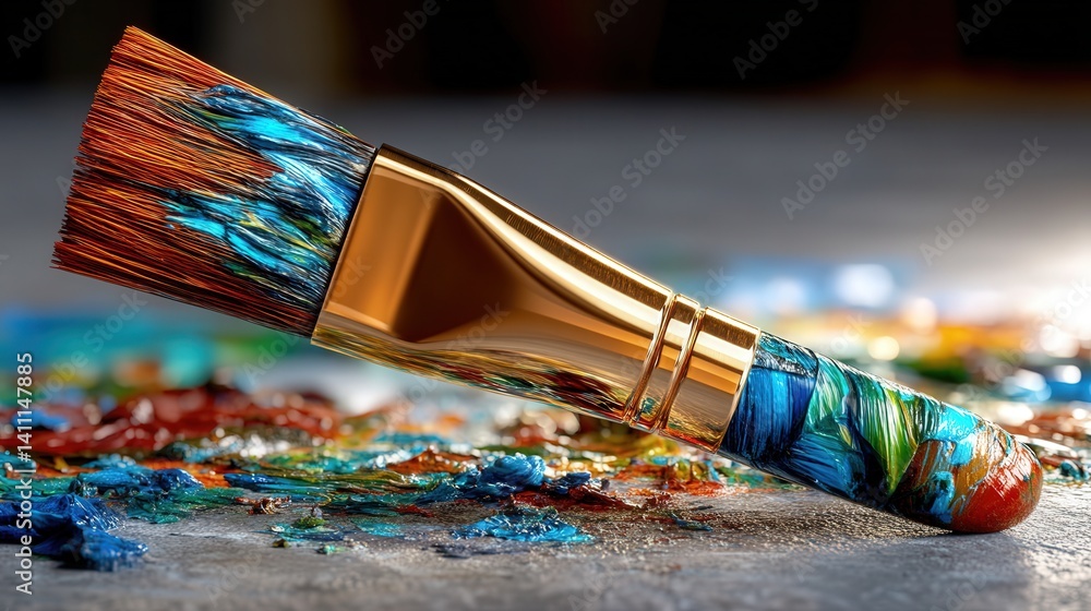 Poster close-up of a paintbrush creating scumbled textures on a canvas rich with colorful layers and artist
