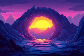 Dramatic Sunset Landscape Illustration: A Serene Evening in Vibrant Colors and Mystical Mountain Viewpoints