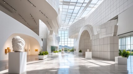 Contemporary art museum with striking architecture featuring a large room housing a unique modern statue display