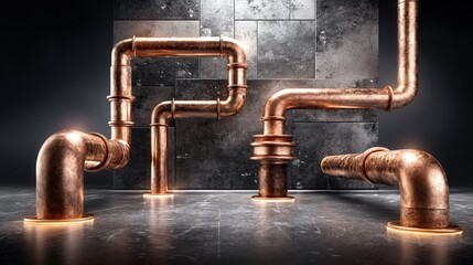 Copper pipes in an industrial setting creating a unique aesthetic with a focus on texture and color dynamics