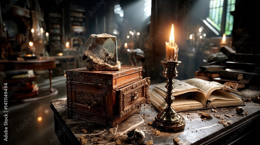 Poster elegant antique desk featuring an open book and a candle creating a warm, inviting atmosphere of ref