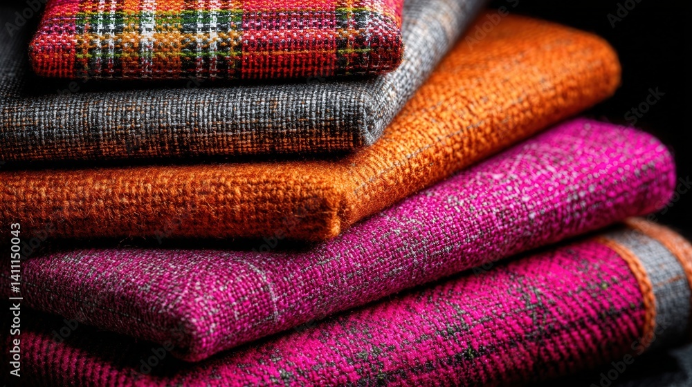 Poster cozy pile of colorful wool blankets stacked neatly on a soft surface creating a warm and inviting at