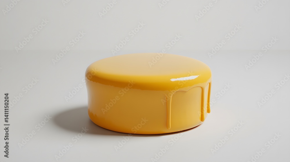 Poster a glossy, yellow cylindrical object with drips of the same substance running down its sides. it sits