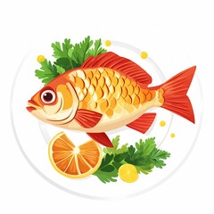 Vibrant Goldfish Seafood Cuisine Illustration: Whimsical Artwork of Delicious Fried Fish Garnished with Orange, Lemon, and Fresh Herbs for a Gourmet Dining Experience