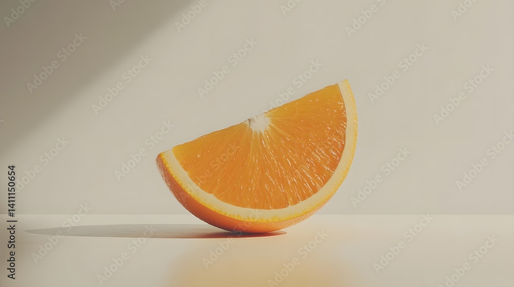 Poster a juicy slice of orange rests on a white surface, bathed in soft sunlight. the vibrant color and tex